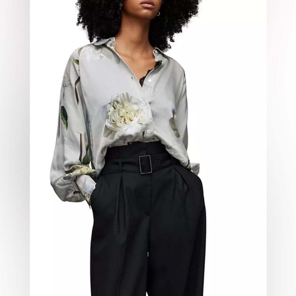 All Saints Light Gray Floral Silk Button-Up Blouse